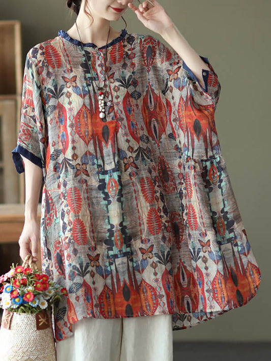 Camicia casual con stampa floreale vintage da donna Ramie