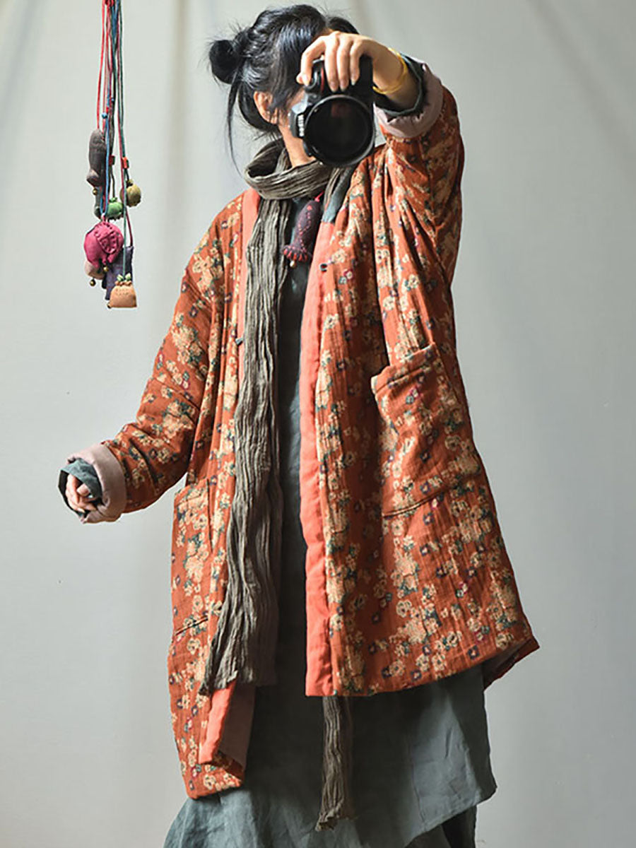 Cappotto retrò caldo e largo con tasca floreale