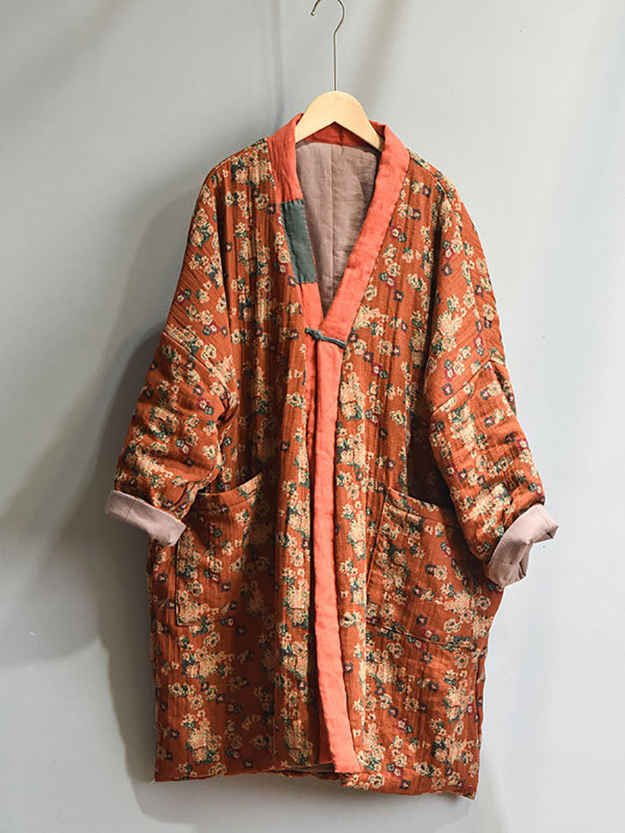 Cappotto retrò caldo e largo con tasca floreale