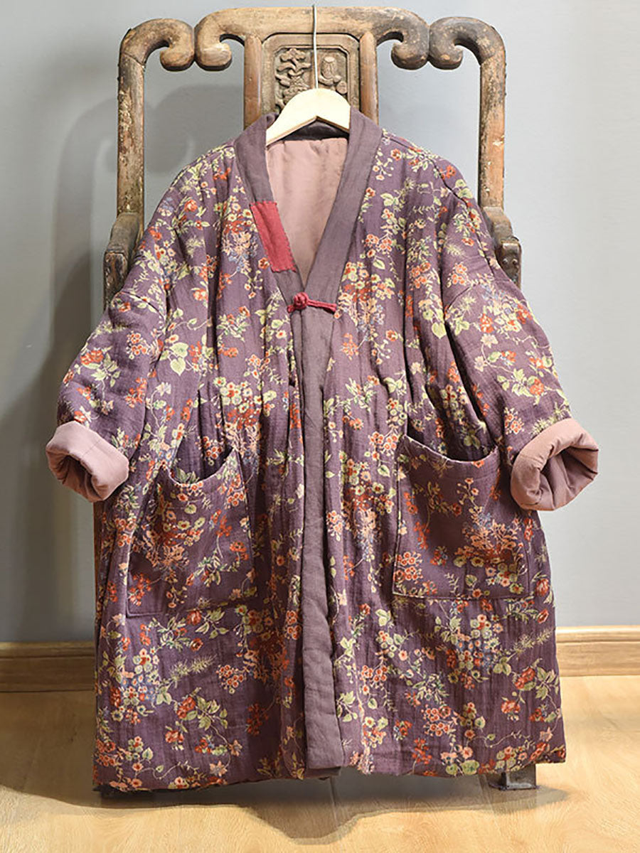 Cappotto retrò caldo e largo con tasca floreale