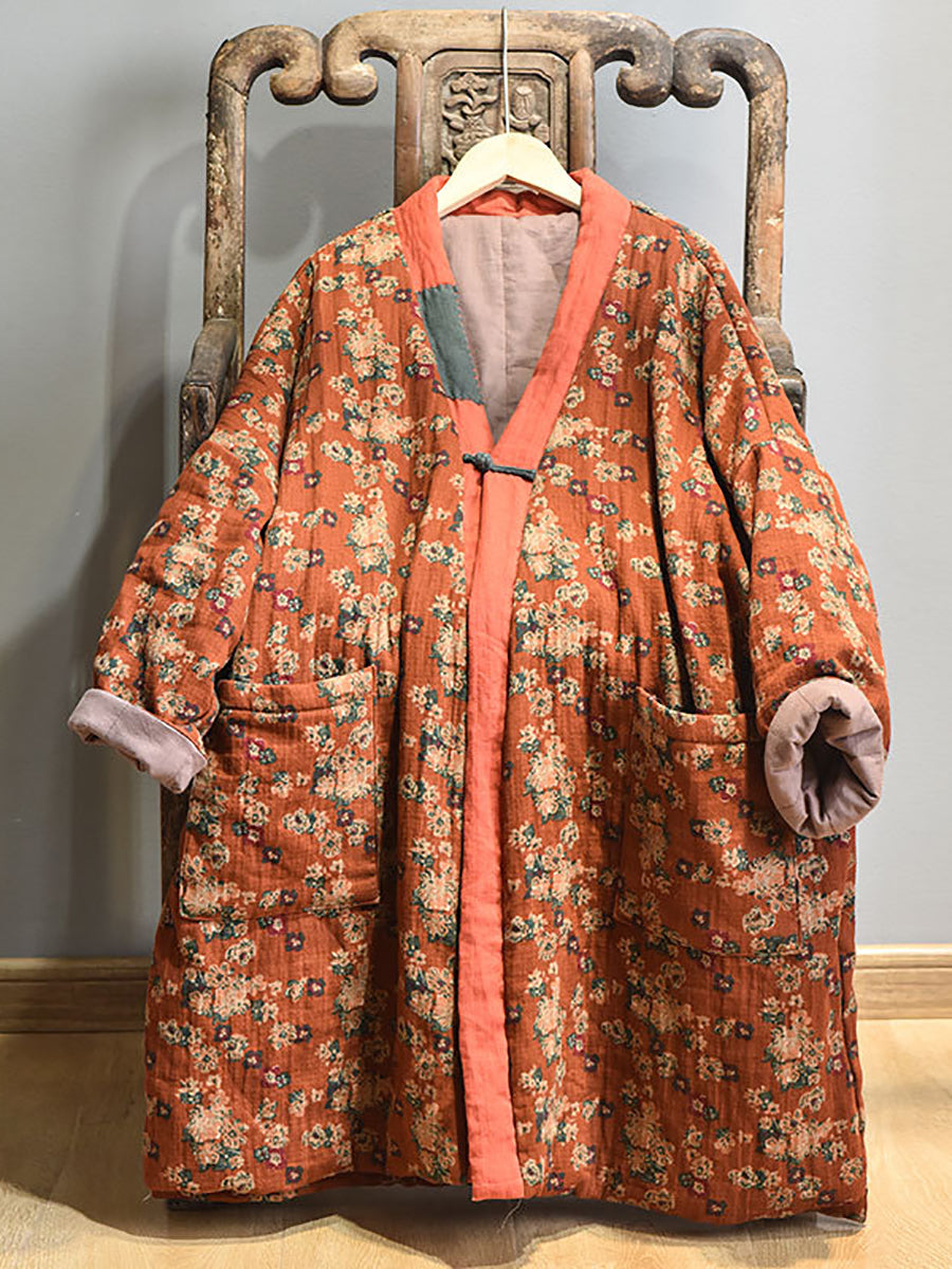 Cappotto retrò caldo e largo con tasca floreale
