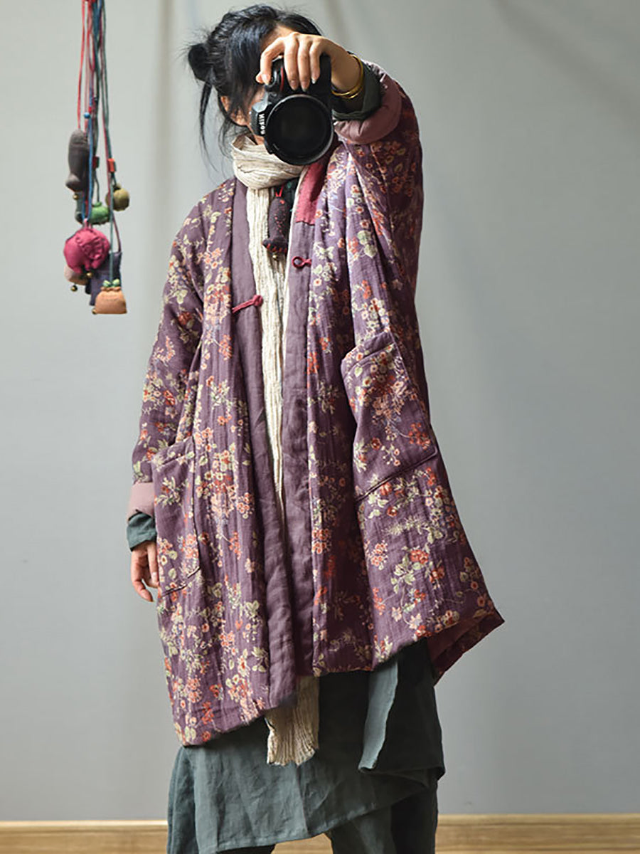 Cappotto retrò caldo e largo con tasca floreale