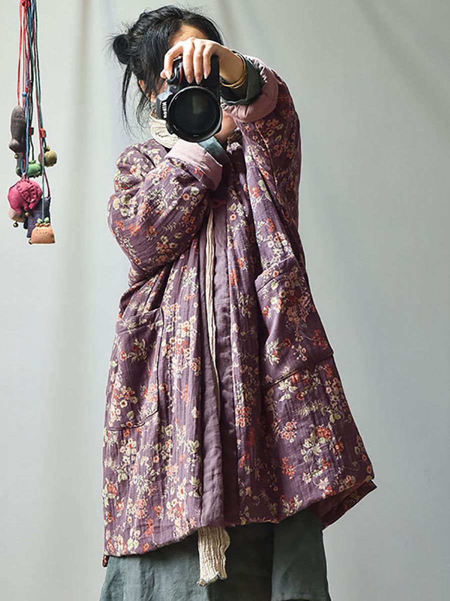 Cappotto retrò caldo e largo con tasca floreale