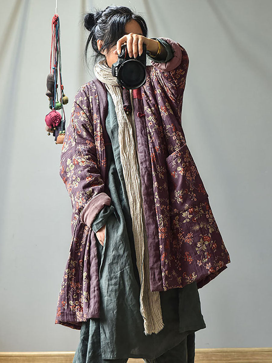 Cappotto retrò caldo e largo con tasca floreale