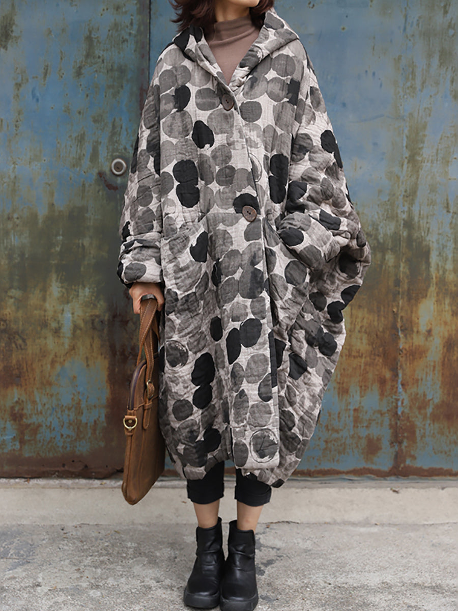 Manteau ample à capuche à pois rétro