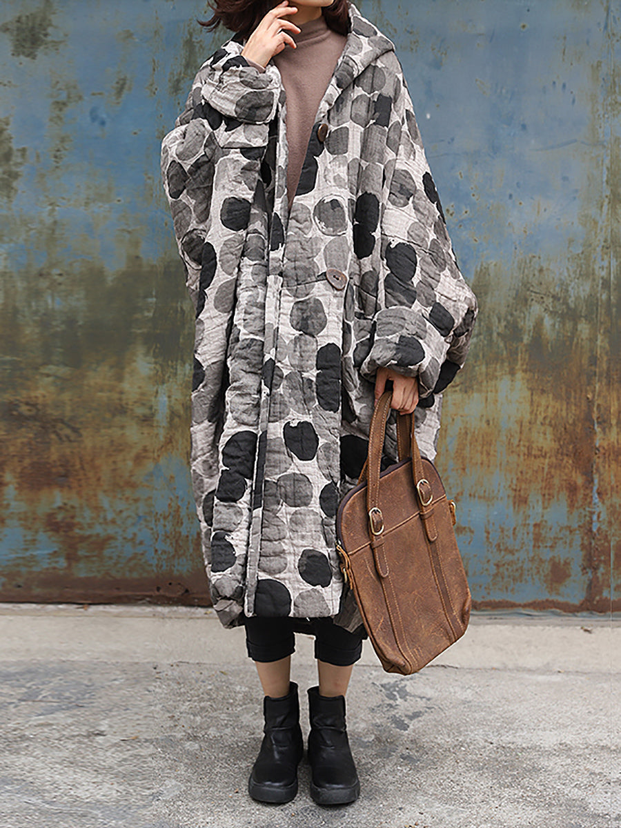 Manteau ample à capuche à pois rétro