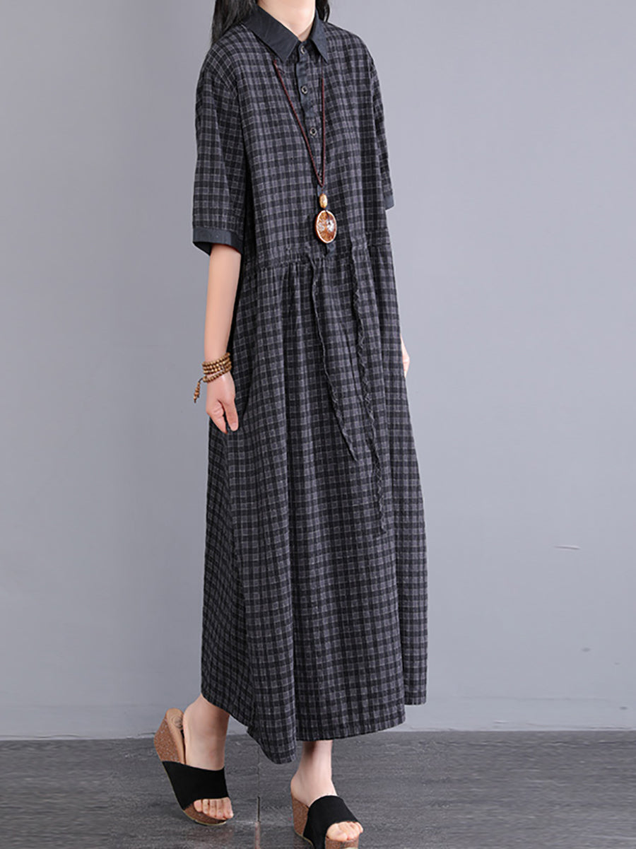 Women Artsy Plaid Cotton Dress