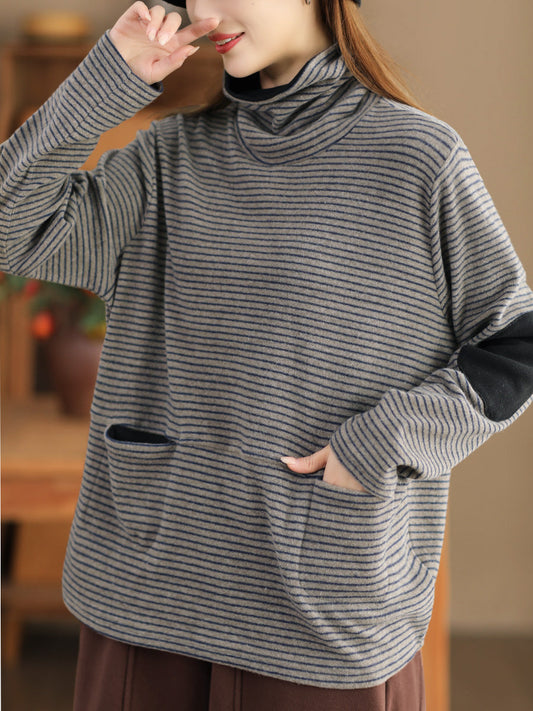 Felpa a collo alto a righe casual da donna