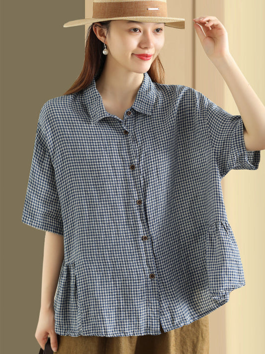 Cardigan estivo casual a quadri con bottoni in lino da donna