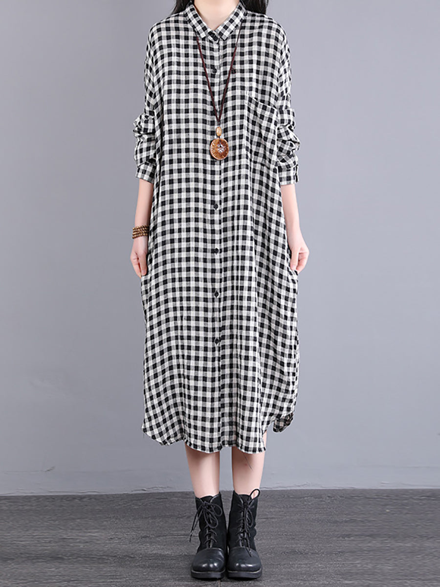 Abito cardigan in lino largo con tasca a quadri casual da donna