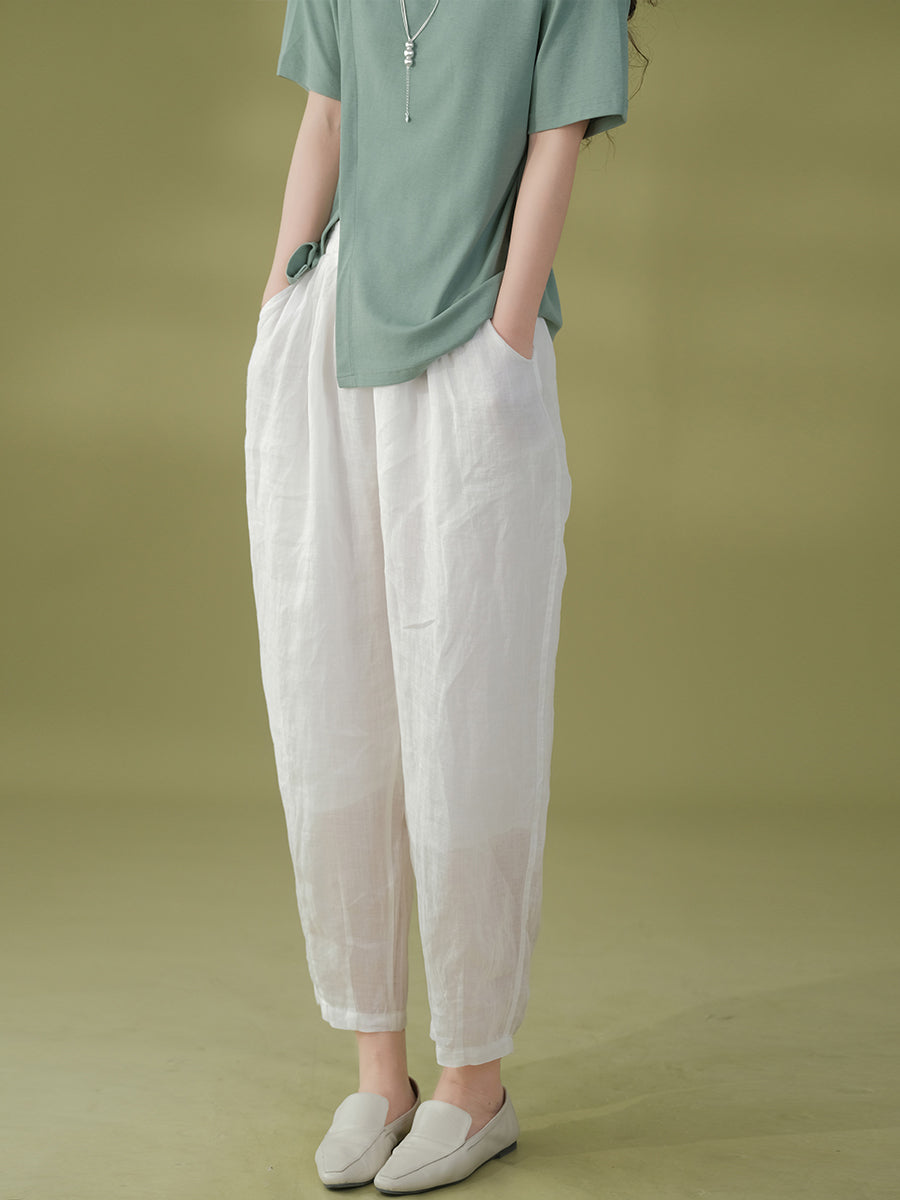 Pantalon sarouel décontracté d'été en ramie solide pour femme
