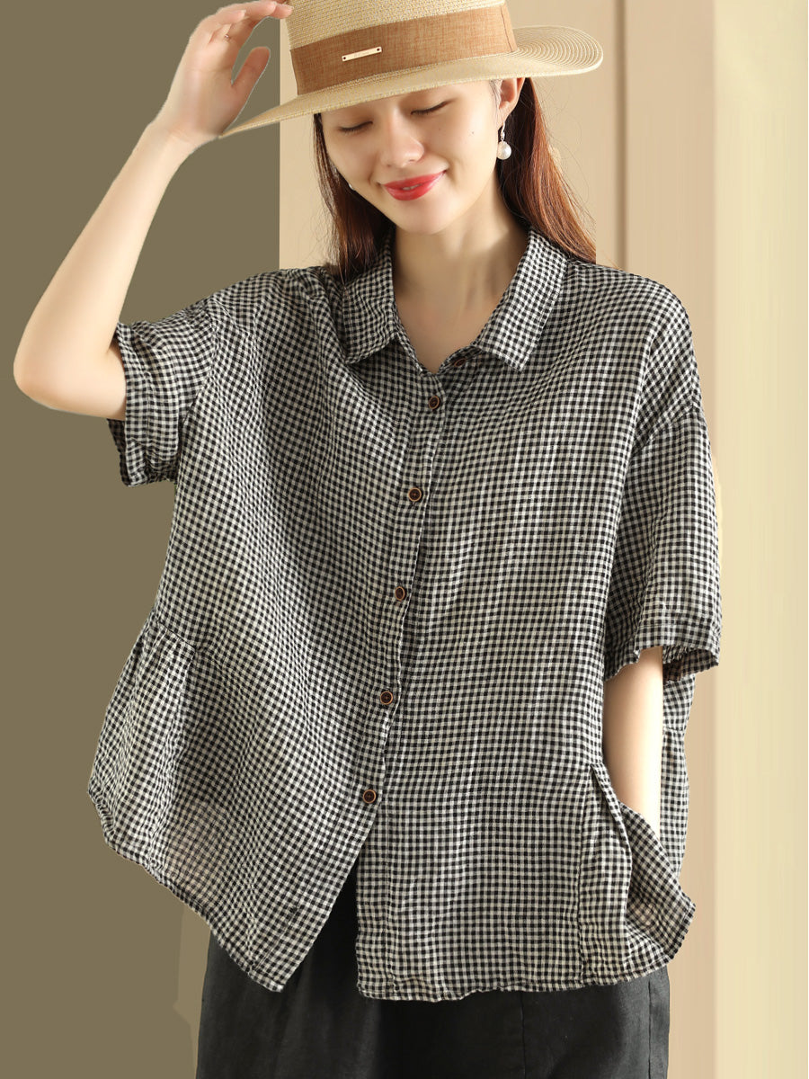 Cardigan estivo casual a quadri con bottoni in lino da donna