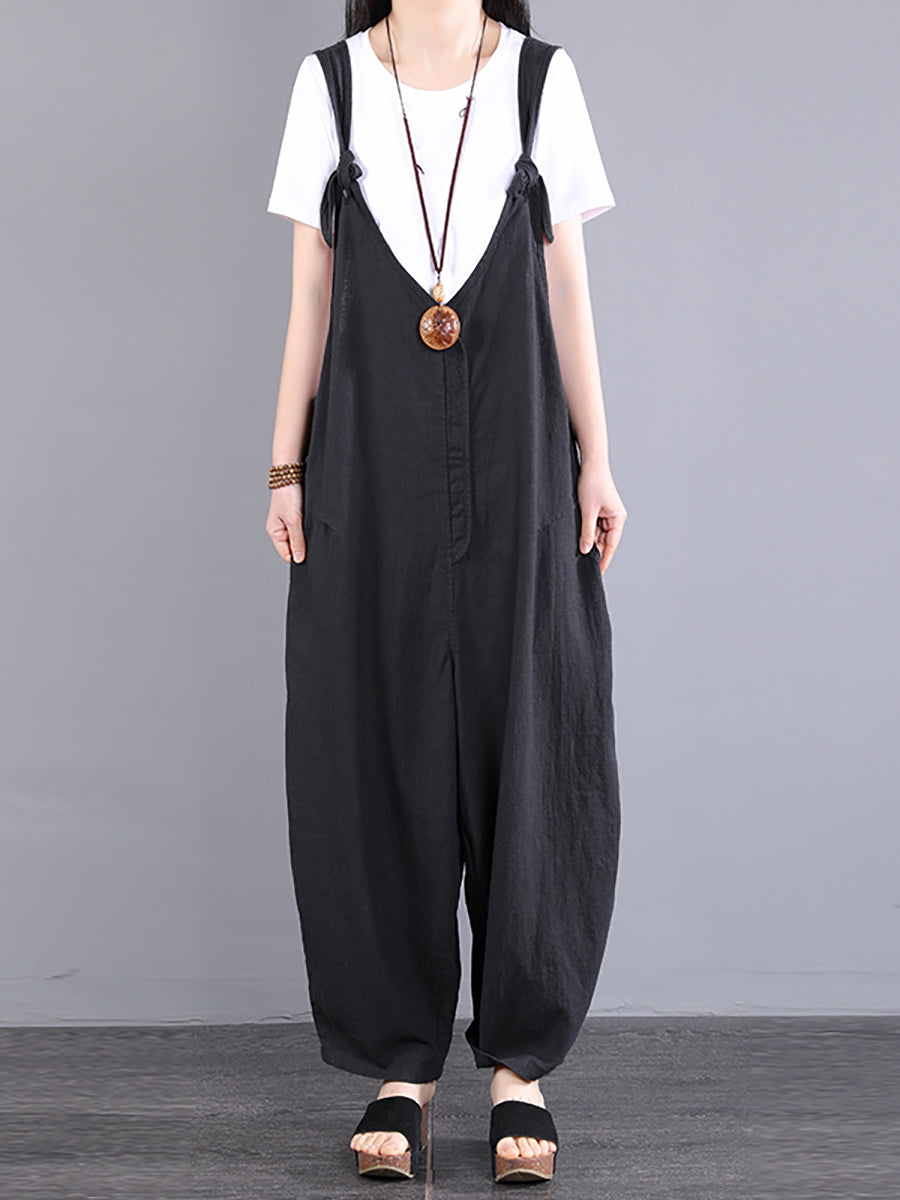 Tute larghe in ramiè con scollo a V e nodo vintage da donna