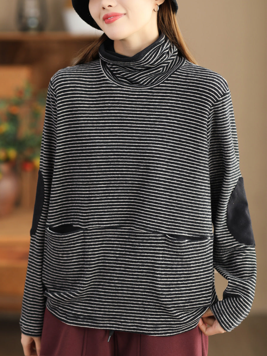 Sweat-shirt à col roulé à rayures décontracté pour femme