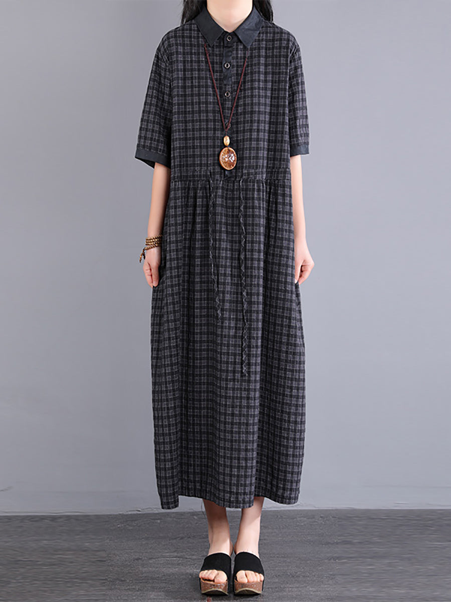 Women Artsy Plaid Cotton Dress