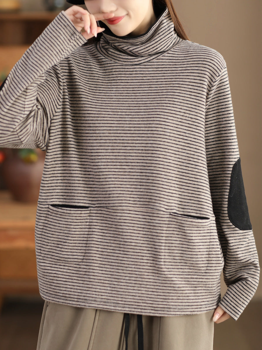 Sweat-shirt à col roulé à rayures décontracté pour femme