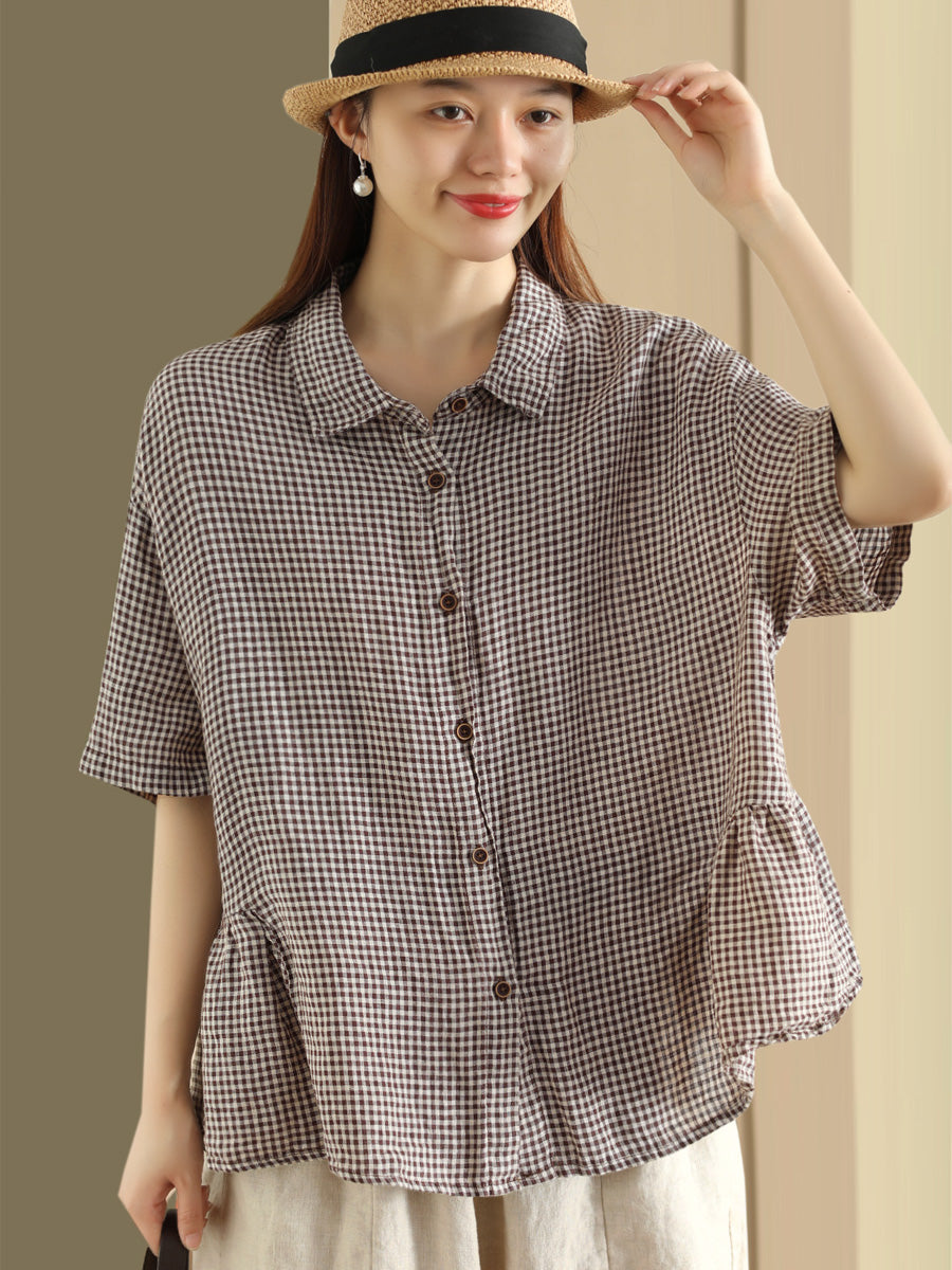 Cardigan estivo casual a quadri con bottoni in lino da donna