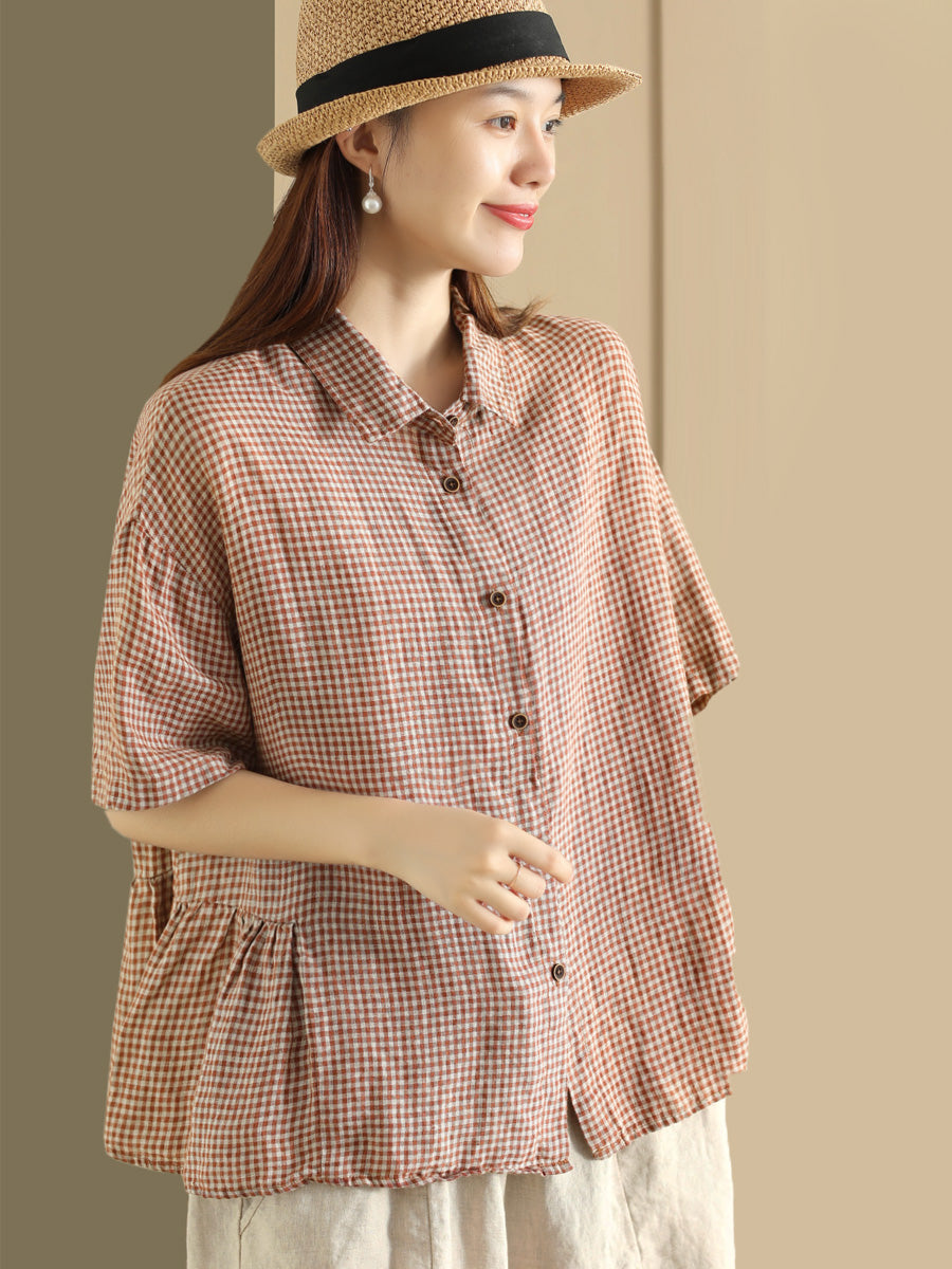 Cardigan estivo casual a quadri con bottoni in lino da donna