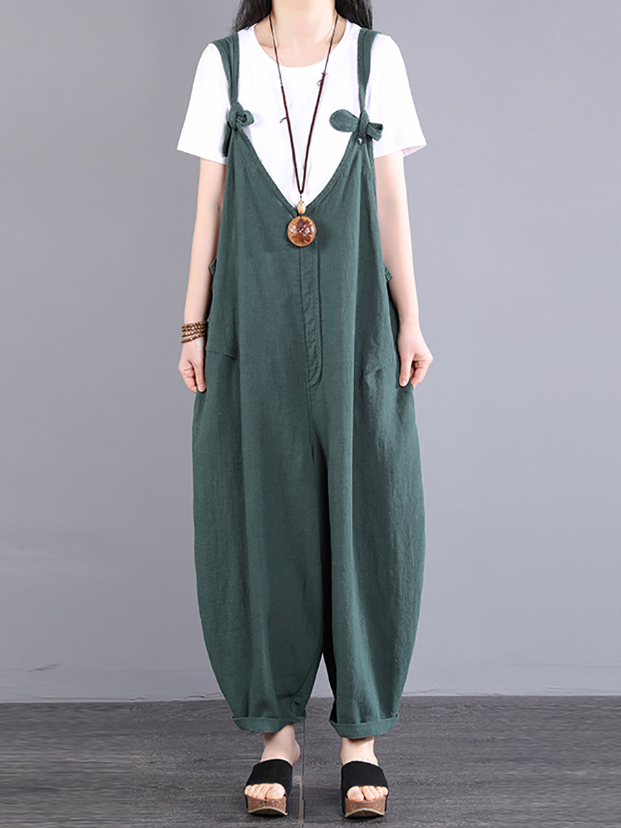 Tute larghe in ramiè con scollo a V e nodo vintage da donna