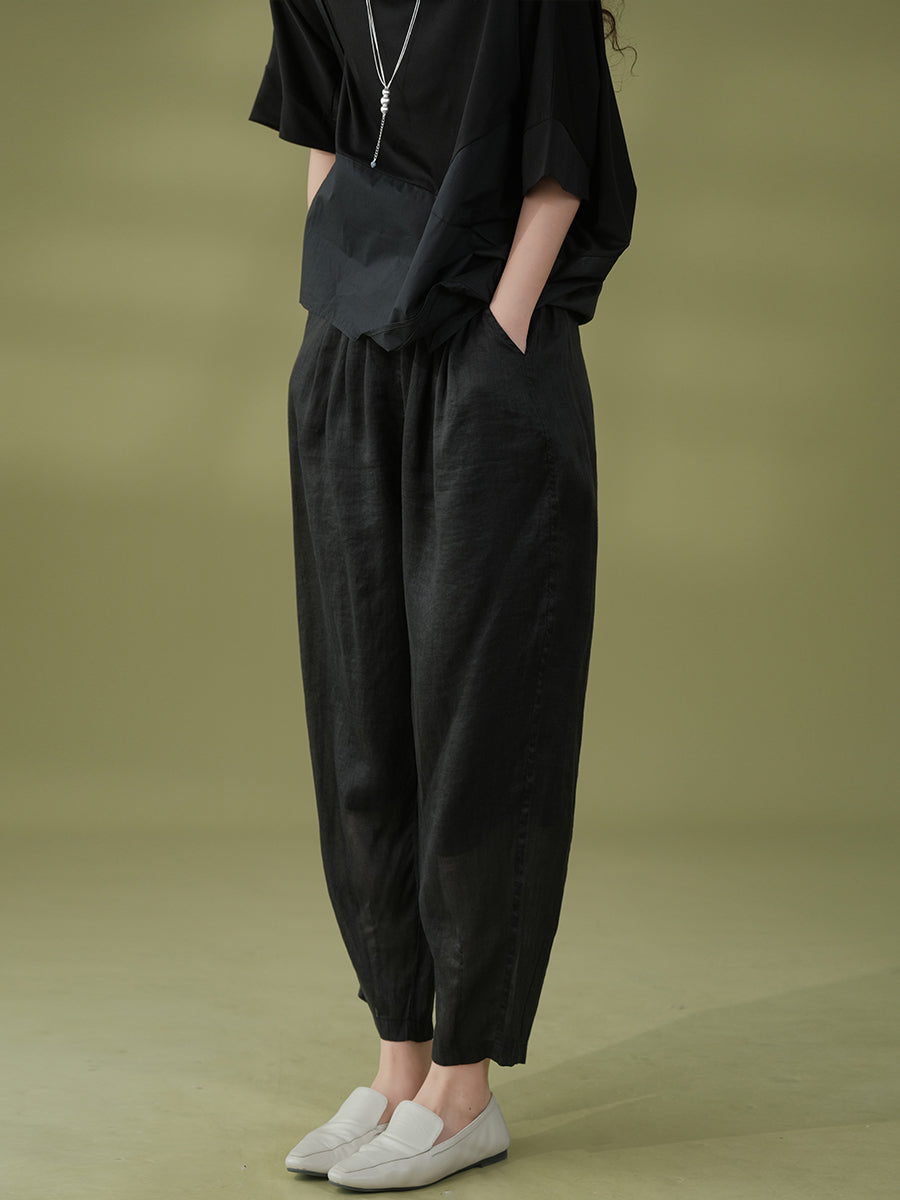 Pantalon sarouel décontracté d'été en ramie solide pour femme