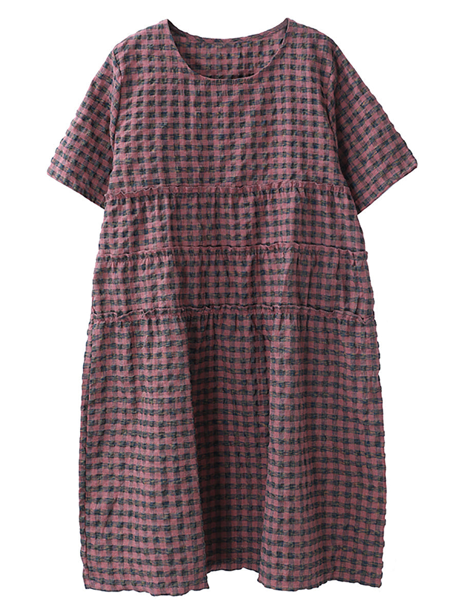 Summer Plaid Round Neck Cotton Linen Midi Dress