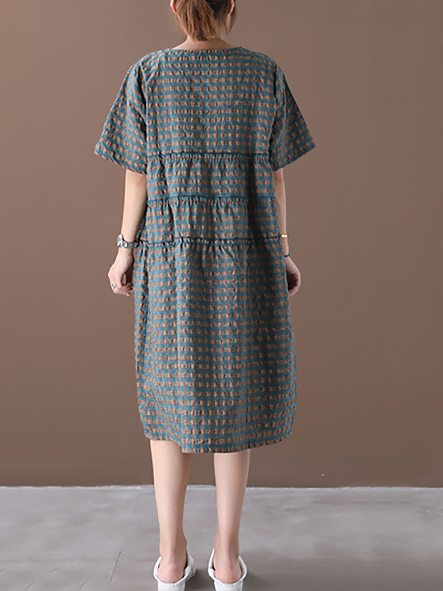 Summer Plaid Round Neck Cotton Linen Midi Dress