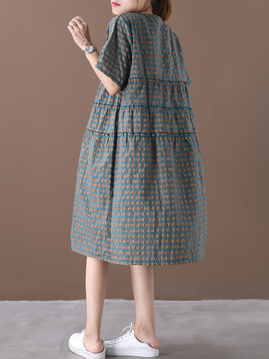 Summer Plaid Round Neck Cotton Linen Midi Dress
