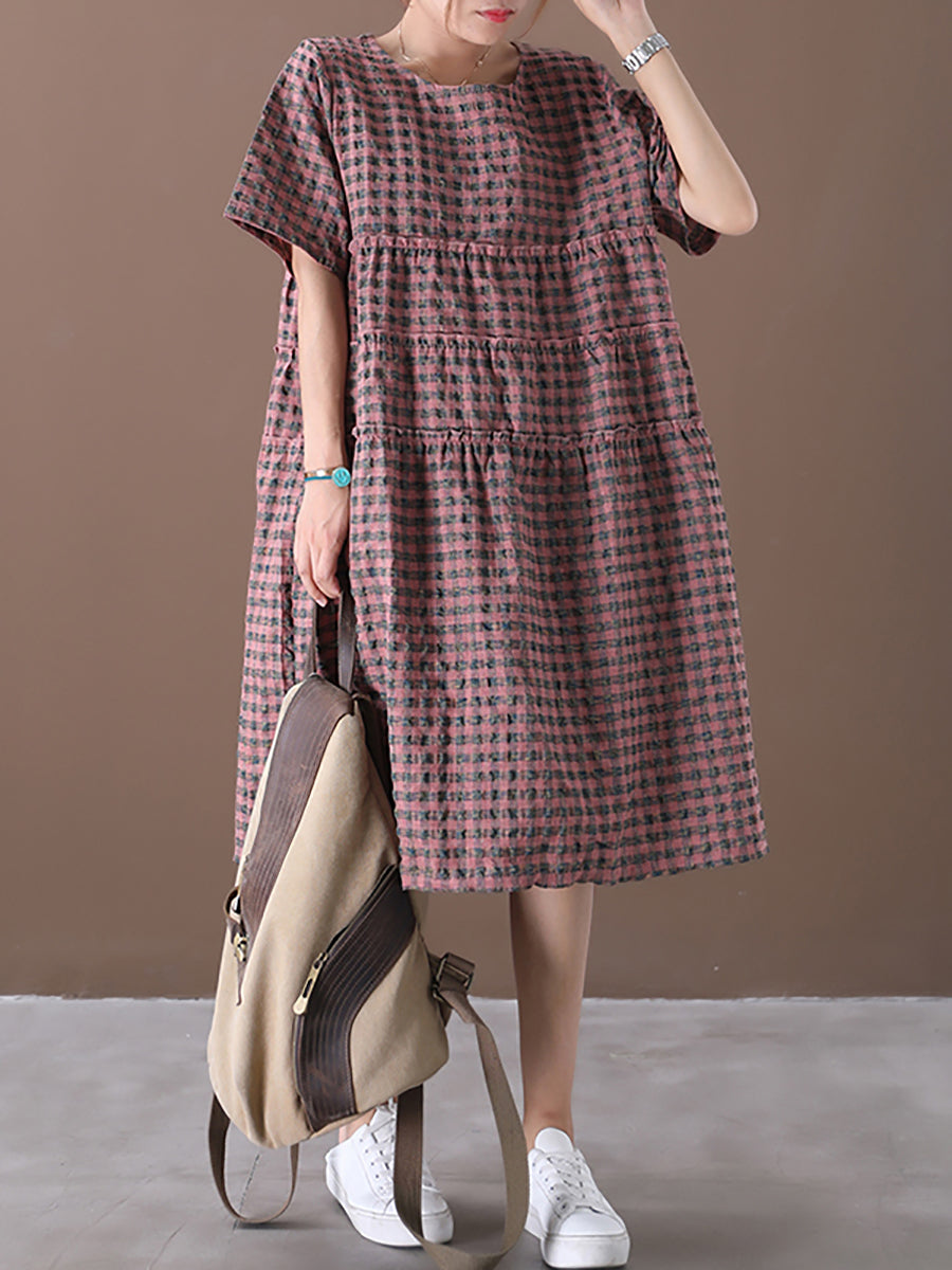Summer Plaid Round Neck Cotton Linen Midi Dress