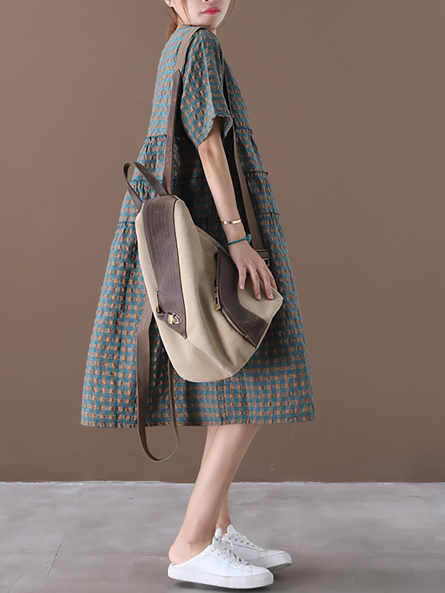 Summer Plaid Round Neck Cotton Linen Midi Dress
