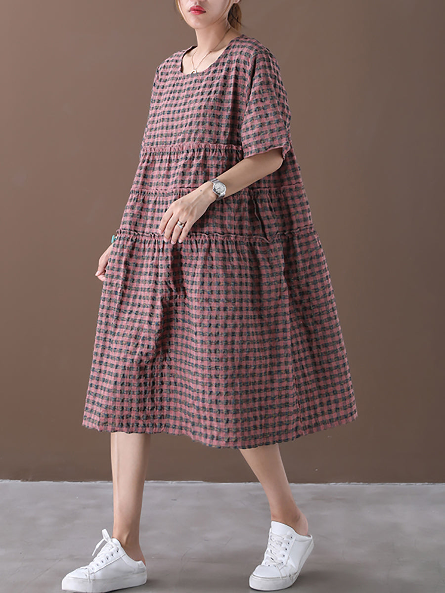 Summer Plaid Round Neck Cotton Linen Midi Dress