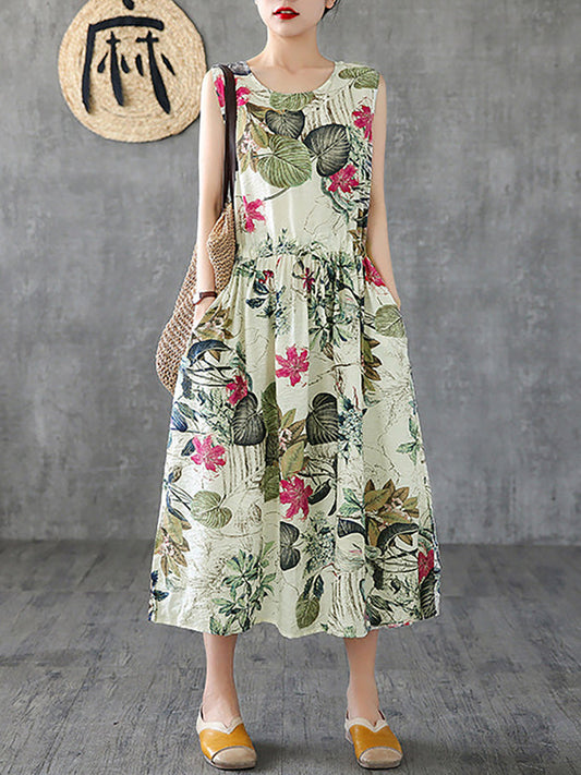 Vestito estivo casual senza maniche in cotone con stampa floreale