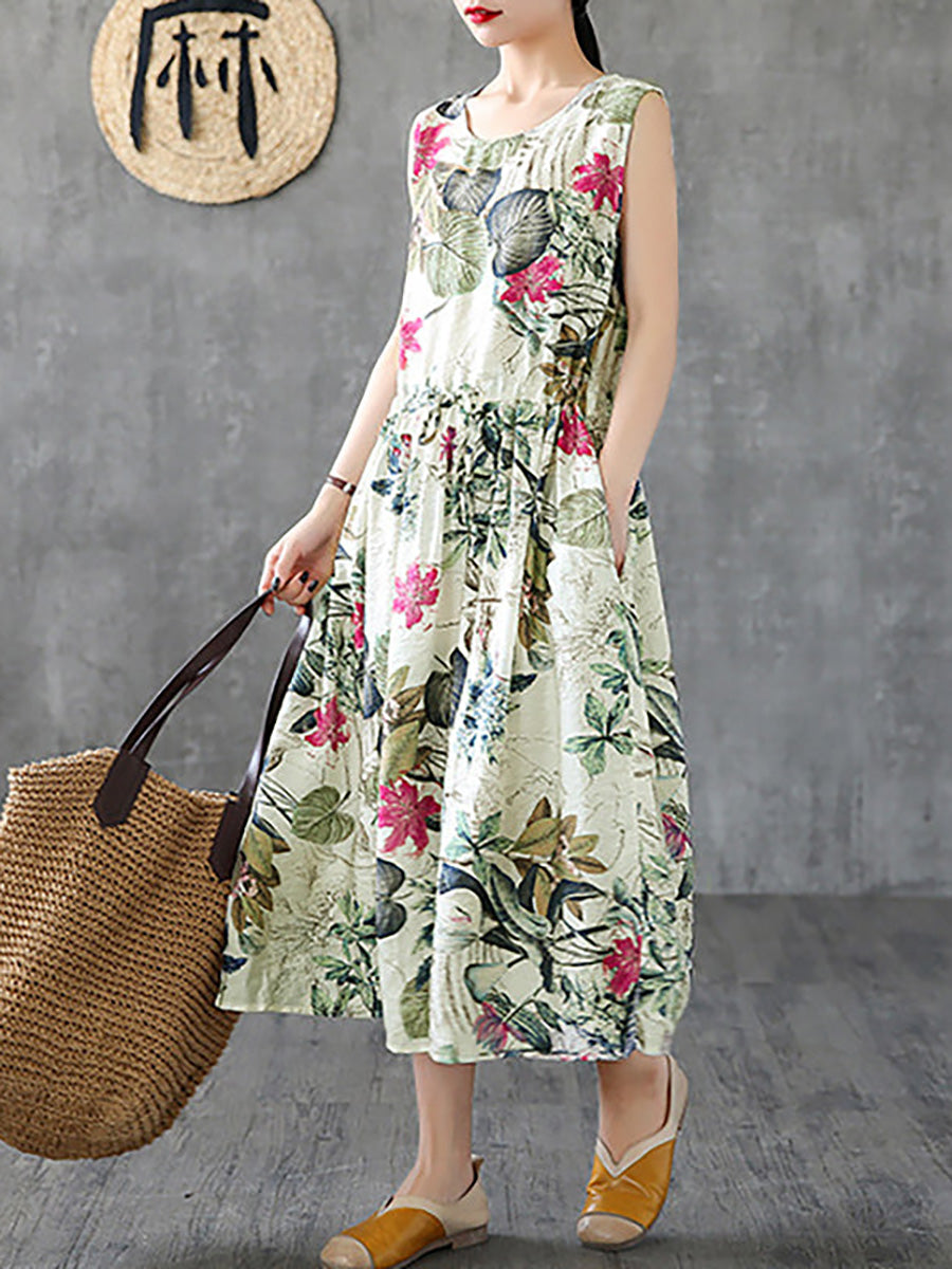 Vestito estivo casual senza maniche in cotone con stampa floreale