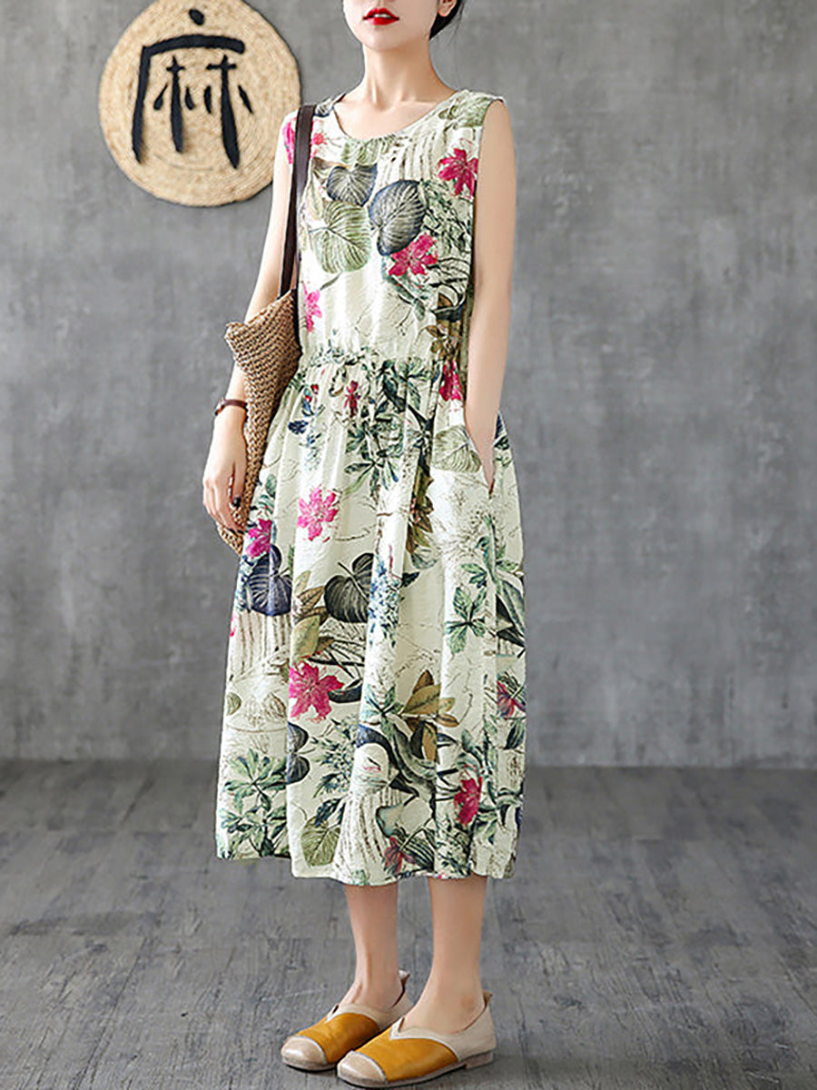 Vestito estivo casual senza maniche in cotone con stampa floreale