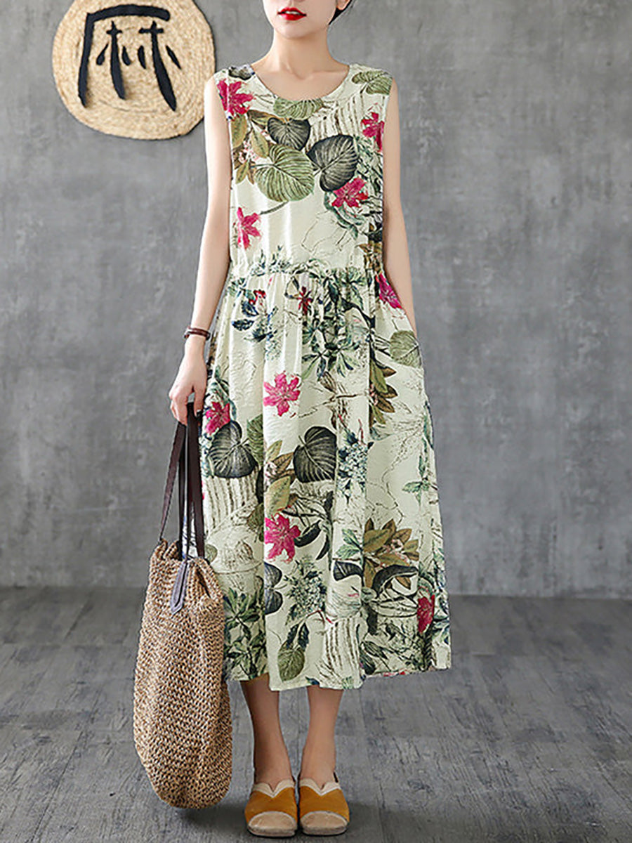 Vestito estivo casual senza maniche in cotone con stampa floreale