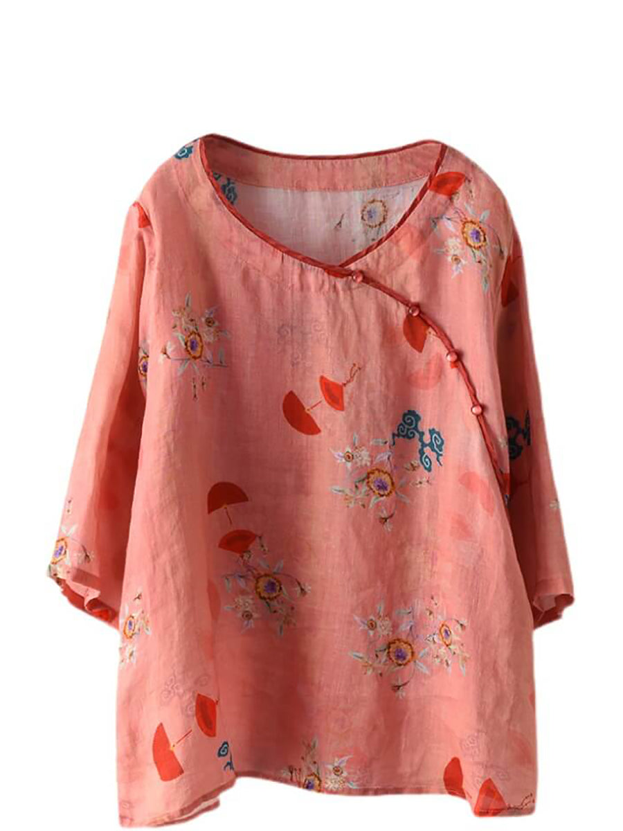 Camicia da donna vintage floreale Oneck Ramie