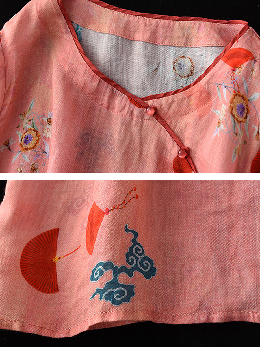 Camicia da donna vintage floreale Oneck Ramie