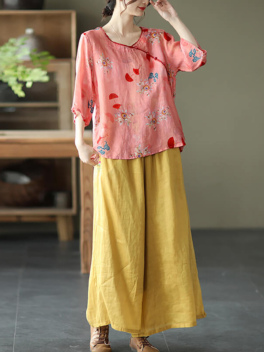 Camicia da donna vintage floreale Oneck Ramie