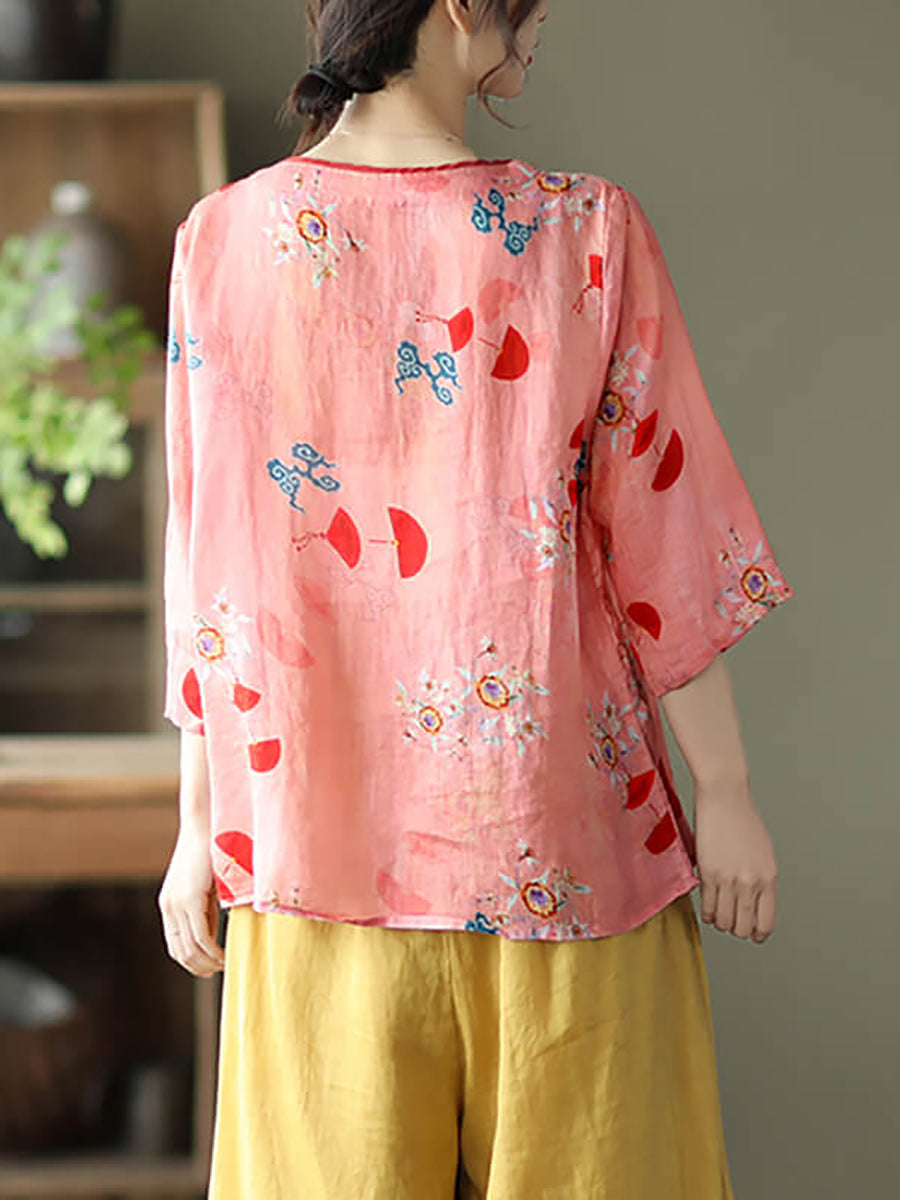 Camicia da donna vintage floreale Oneck Ramie