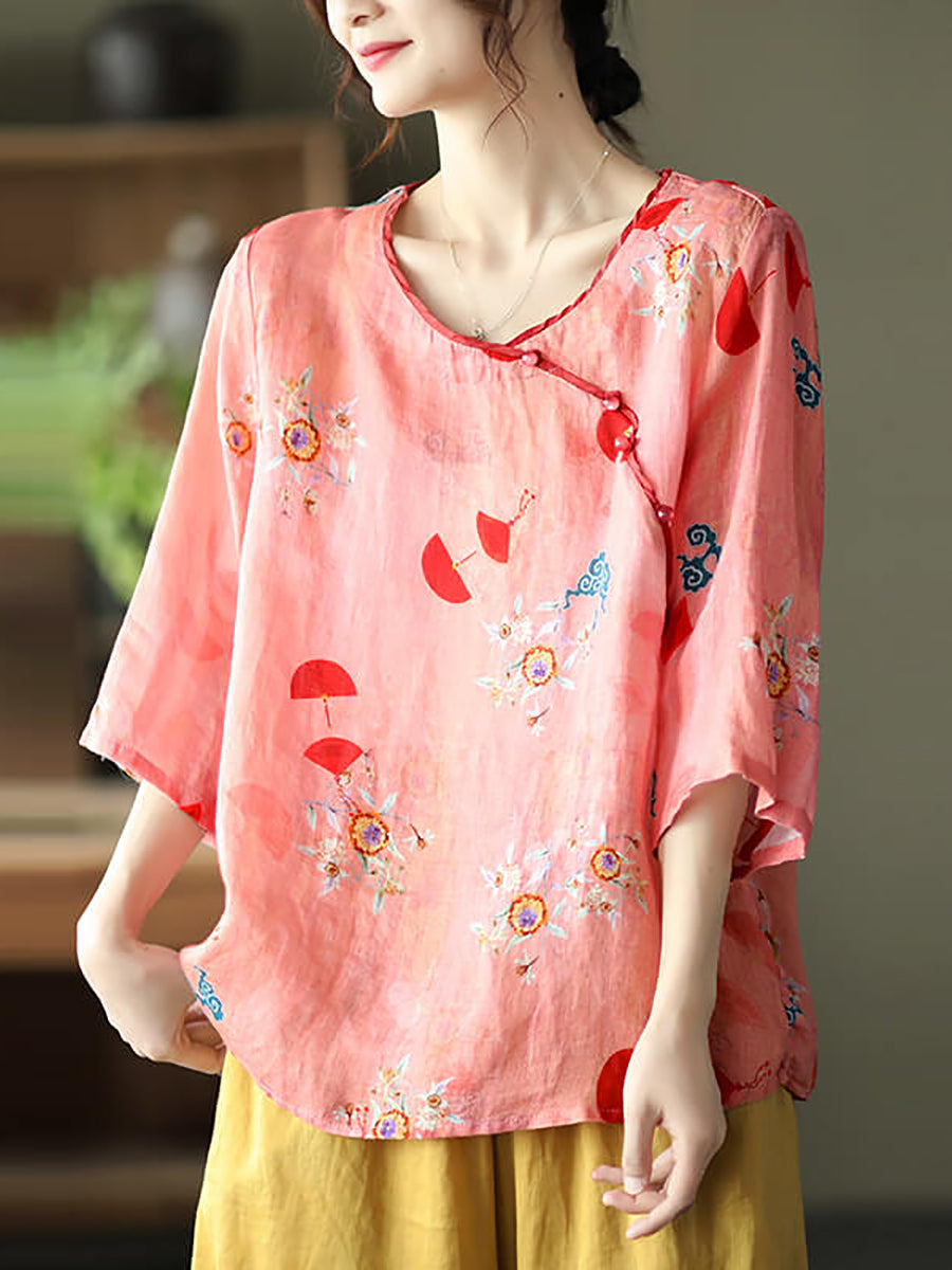 Camicia da donna vintage floreale Oneck Ramie