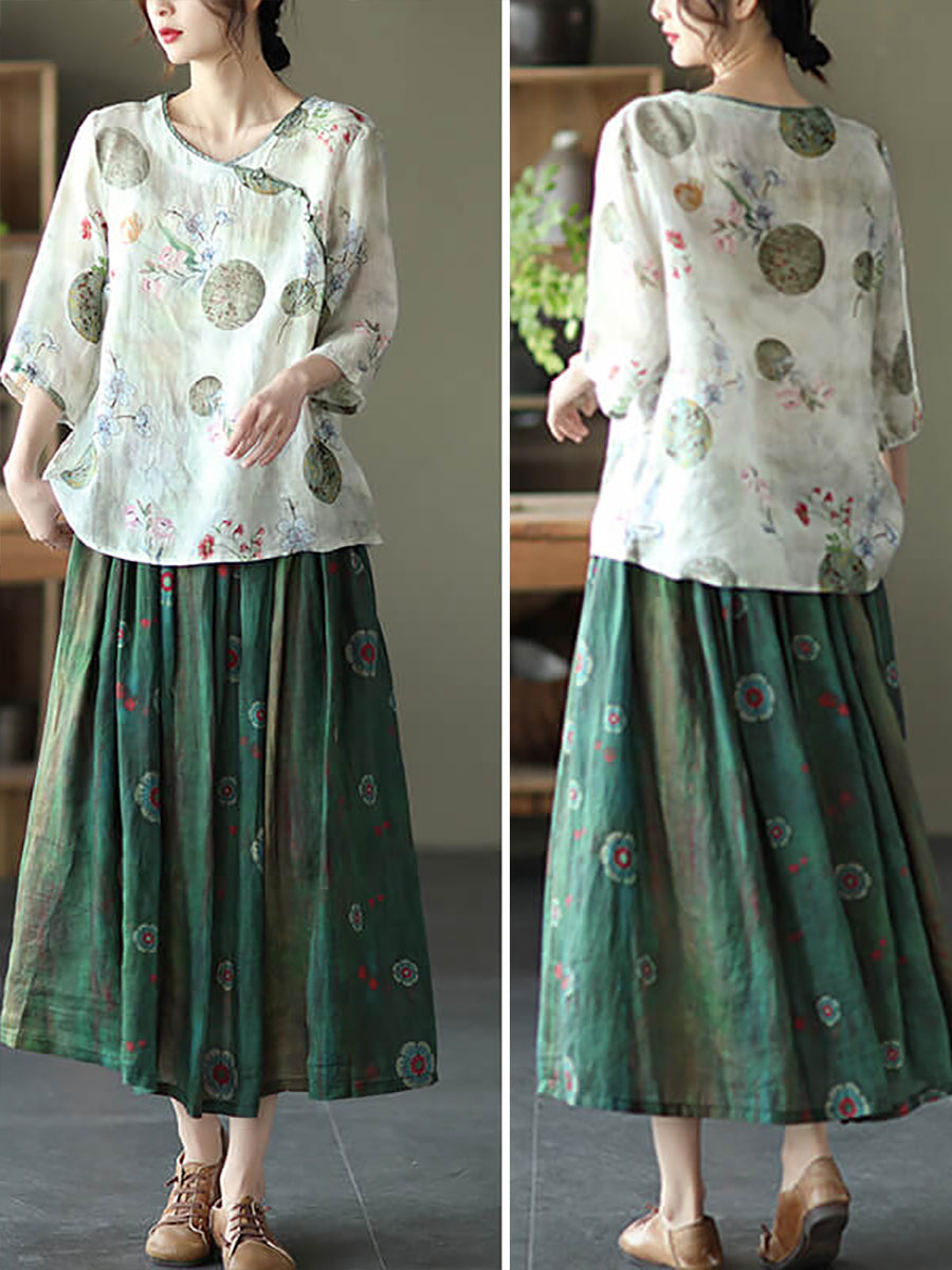 Camicia da donna vintage floreale Oneck Ramie