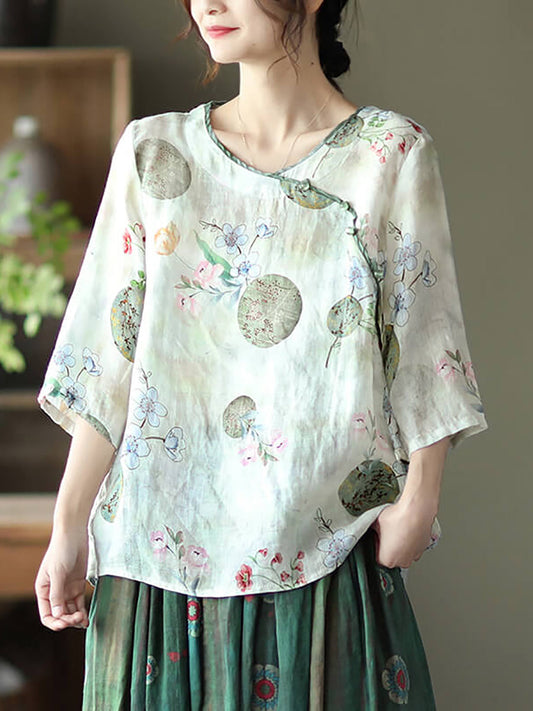 Camicia da donna vintage floreale Oneck Ramie