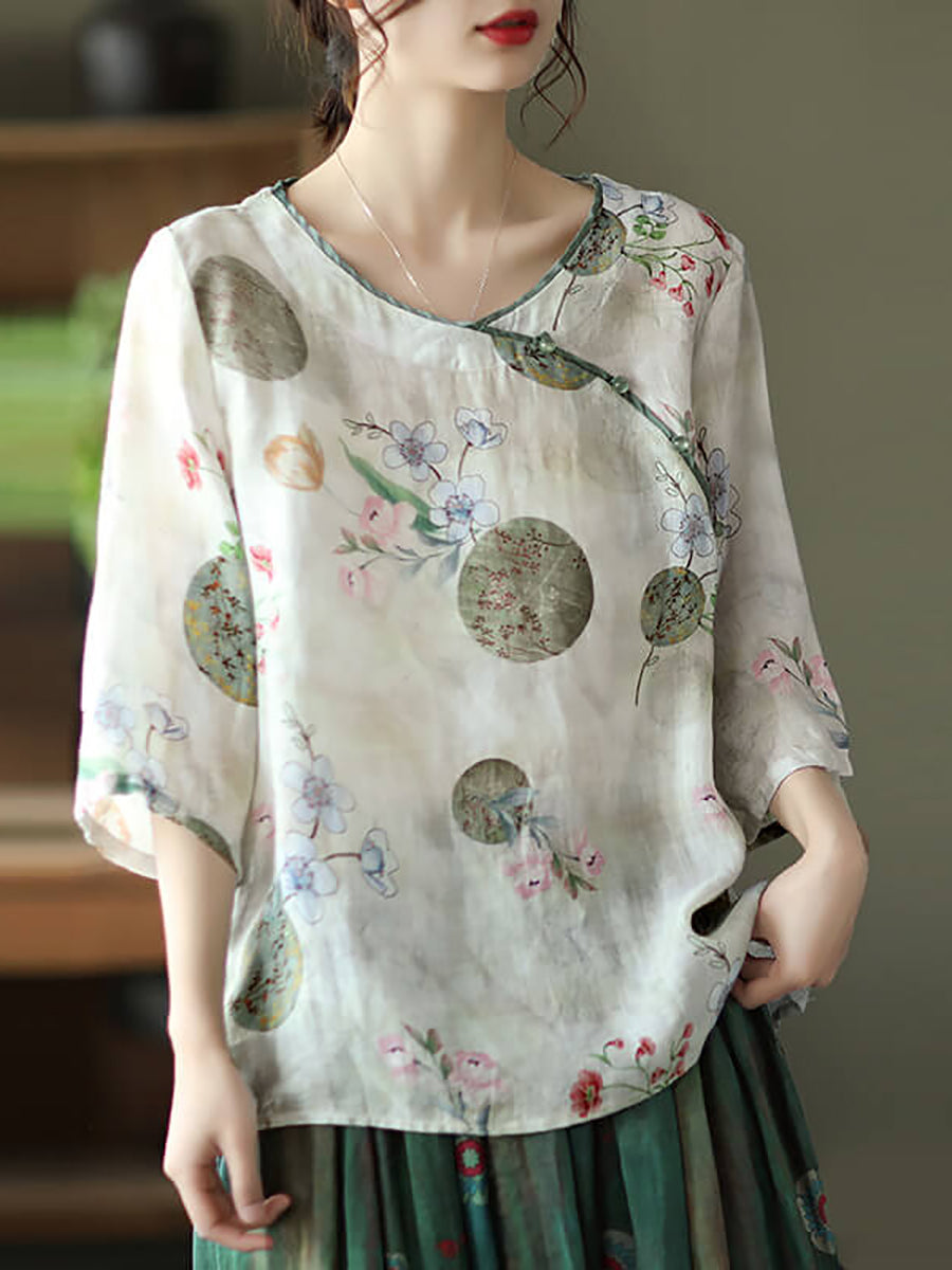 Camicia da donna vintage floreale Oneck Ramie
