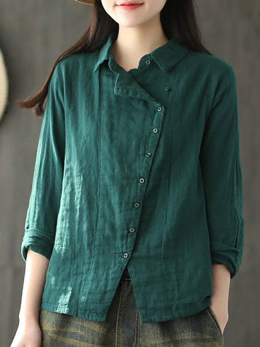 Camicia in cotone a maniche lunghe retrò tinta unita