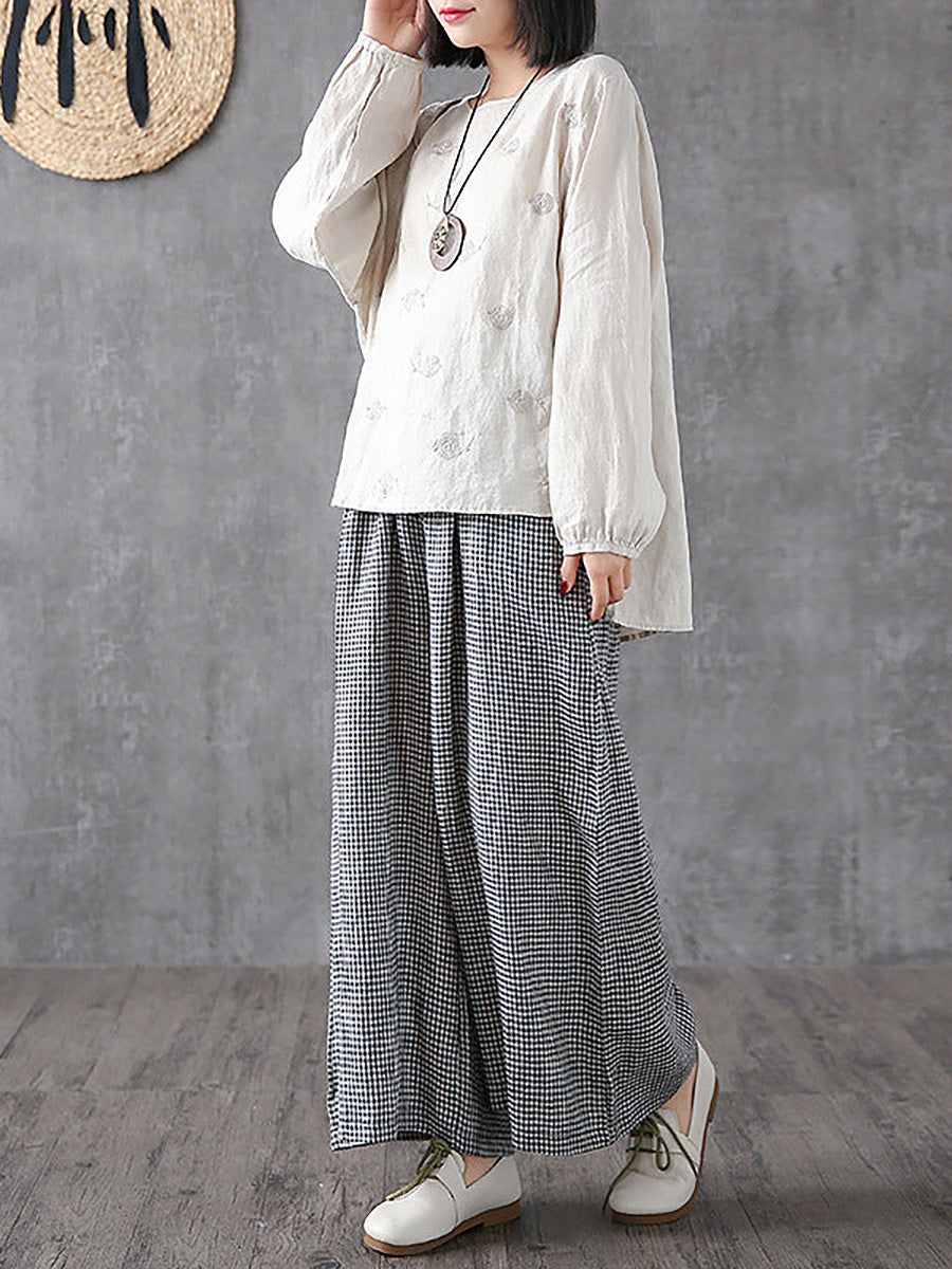 Pantaloni larghi in lino e cotone a quadri casual da donna