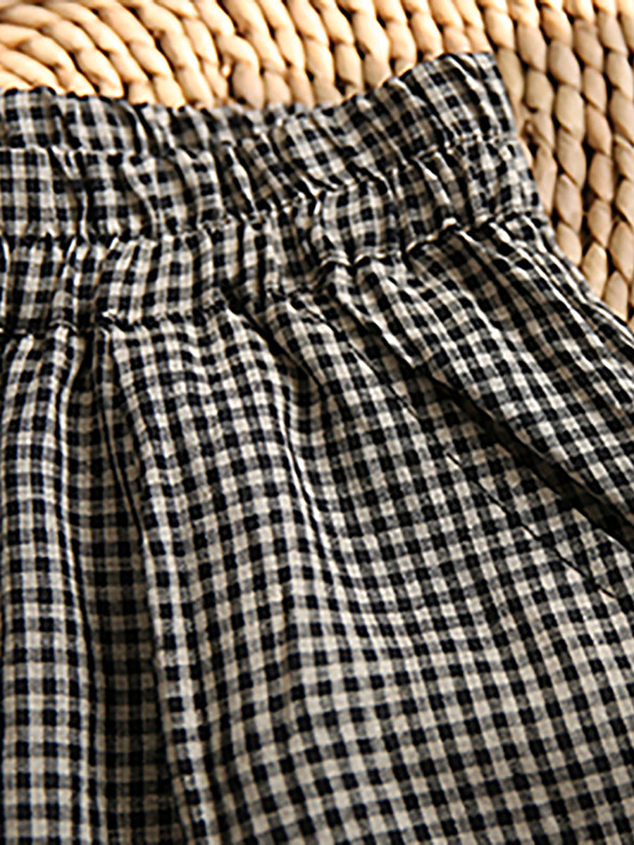 Pantaloni larghi in lino e cotone a quadri casual da donna