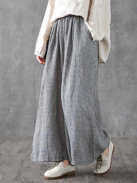 Pantaloni larghi in lino e cotone a quadri casual da donna