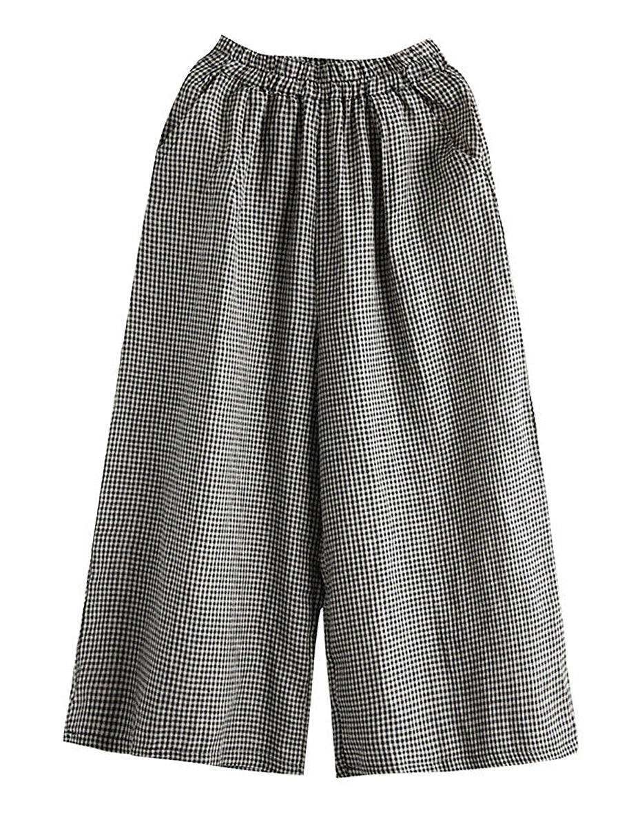 Pantaloni larghi in lino e cotone a quadri casual da donna
