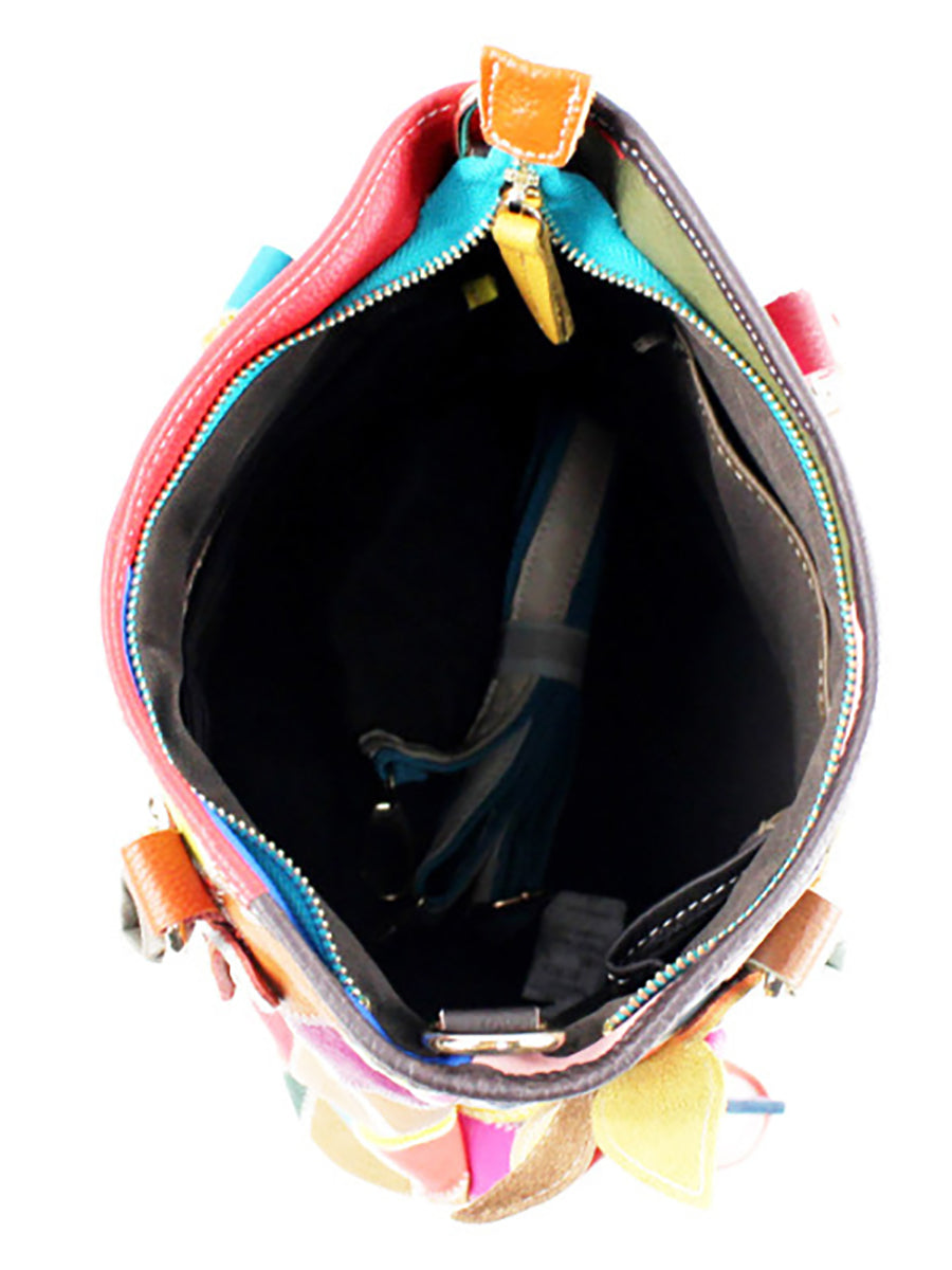 Borsa a mano da donna in pelle con fiore a contrasto di colore