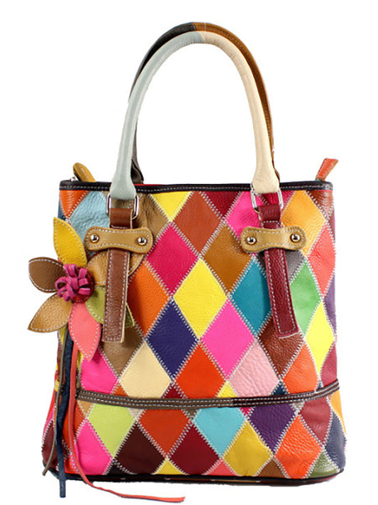 Borsa a mano da donna in pelle con fiore a contrasto di colore