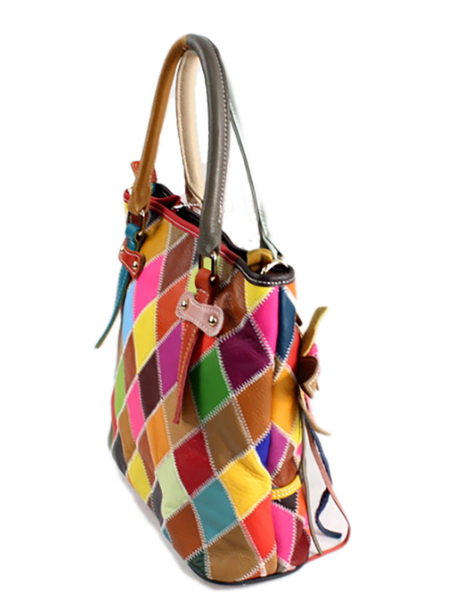 Borsa a mano da donna in pelle con fiore a contrasto di colore